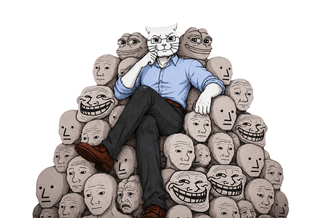 Catjak seated atop meme heads