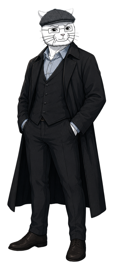 Catjak in a long black coat and flat cap
